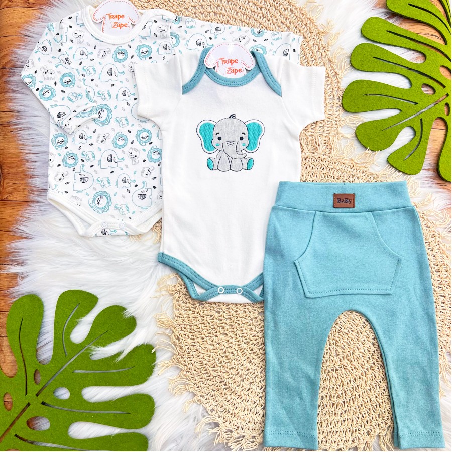  CONJ. DE MALHA 3 PEÇAS - Elefantinho e Safari - Verde Menta e Off White